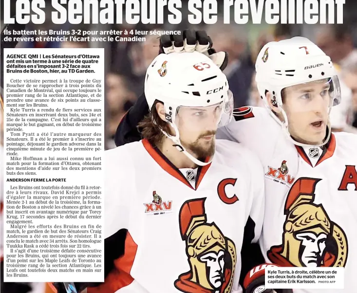  ??  ?? Kyle Turris, à droite, célèbre un de ses deux buts du match avec son capitaine Erik Karlsson.