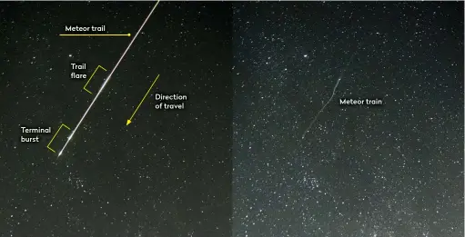  ??  ?? Terminal burst
Meteor trail
Trail flare
Direction of travel
Meteor train
▲ Trains or trails? Get to know the different parts of a meteor and how these visitors to our atmosphere behave in the night sky