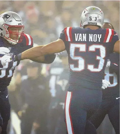  ?? STaFF PHOTO by NaNcy LaNe ?? BIG STOP: Linebacker Kyle Van Noy celebrates after making a tackle on fourth down to end an offensive series for the Falcons in the fourth quarter.