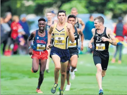  ?? PHOTO PROVIDED BY NOTRE DAME ?? Sandburg graduate Dylan Jacobs leads the way in a race for Notre Dame, which is ranked No. 1 in the country, during a 2019 invitation­al.