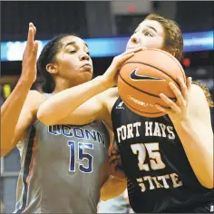  ?? Jessica Hill / Associated Press ?? UConn’s Gabby Williams guards Fort Hays State’s Belle Barbieri on Wednesday in Hartford.