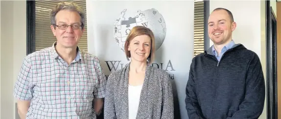  ??  ?? Robin Owain, Wici Cymru Manager; Helen Williams, Head of Menter Iaith Môn; and Aaron Morris WiciMôn Project Officer launching their public appeal for contributi­ons to WiciMôn