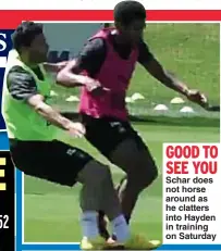  ??  ?? GOOD TO SEE YOU Schar does not horse around as he clatters into Hayden in training on Saturday