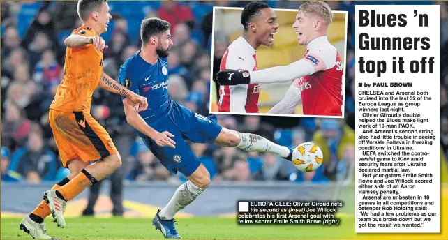  ??  ?? EUROPA GLEE: Olivier Giroud nets his second as (inset) Joe Willock celebrates his first Arsenal goal with fellow scorer Emile Smith Rowe (right)