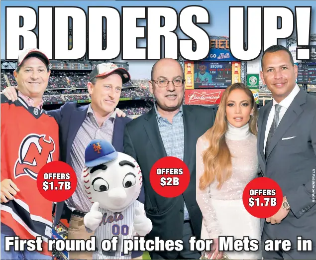  ??  ?? At least three offers came in Thursday to buy the Mets, topped by hedge-fund billionair­e Steve Cohen. David Blitzer (far left) and Josh Harris, owners of the Devils and Sixers, have also officially bid as have a consortium led by the celebrity power couple of Jennifer Lopez and Alex Rodriguez.