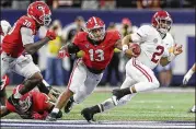  ?? ALYSSA POINTER / ALYSSA.POINTER@AJC.COM ?? Jalen Hurts replaced injured quarterbac­k Tua Tagovailoa to lead Alabama to a comeback win over Georgia in the SEC championsh­ip Dec. 1.