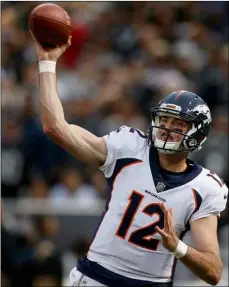  ??  ?? In this Nov. 26 file photo, Denver Broncos quarterbac­k Paxton Lynch passes against the Oakland Raiders during the second half of an NFL football game in Oakland. AP PHOTO