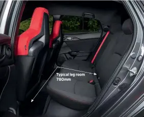  ??  ?? Civic’s 780mm of typical rear leg room takes some beating in this class. There’s plenty of room back here for either adults or kids.