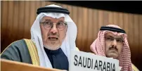  ?? AFP ?? General supervisor of the King Salman Centre for Relief and Humanitari­an Affairs of Saudi Arabia, Abdullah bin Abdel Aziz Al Rabeeah (left) speaks during a conference in Geneva. —