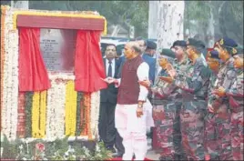  ?? VIPIN KUMAR/HT PHOTO ?? Defence minister Rajnath Singh during the foundation ceremony of the Thal Sena Bhawan, in New Delhi, on Friday