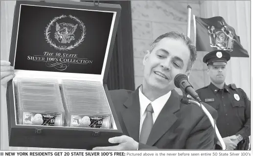  ??  ?? NEW YORK RESIDENTS GET 20 STATE SILVER 100’S FREE: Pictured above is the never before seen entire 50 State Silver 100’s Collection ™ shown off by officials from the Federated Mint that everyone is trying to get. Lucky New York residents who are among...