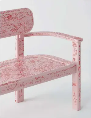  ??  ?? Above — Scrawled with notes from visitors to the 2019 Milan Furniture Fair, the Never Grow Up bench now lives at the National Gallery of Victoria.