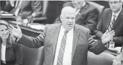  ?? BERNARD WEIL TORONTO STAR ?? Ontario Minister of Trade Jim Wilson speaks at Queen's Park. Martin Regg Cohn writes Wilson has gone from : ‘serious policymake­r to simplistic partisan.’