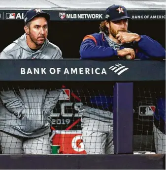  ?? Brett Coomer / Staff file photo ?? Astros ace Justin Verlander, left, and Gerrit Cole, who left the club after the 2019 season, were among several MLB pitchers accused of using an illegal substance to better their grips on baseballs.