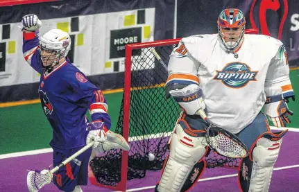  ?? RYAN TAPLIN • THE CHRONICLE HERALD ?? Jake Withers celebrates the first goal in Halifax Thunderbir­ds team history just 10 seconds into a game Dec. 7, 2019 against the New York Riptide at Scotiabank Centre.