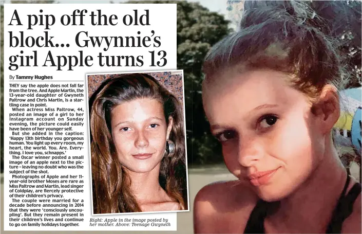  ??  ?? Right: Apple in the image posted by her mother. Above: Teenage Gwyneth