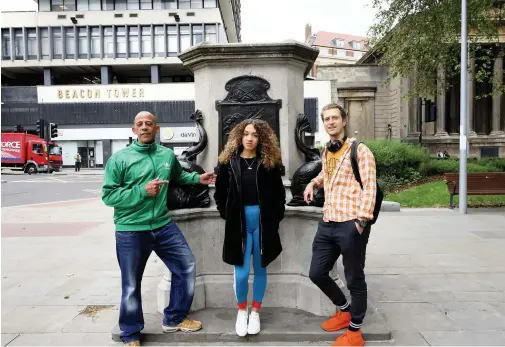  ??  ?? Lawrence Hoo, left, with artist Jazz Thompson and researcher Aleks Vladimirov whose works will appear on the empty plinth