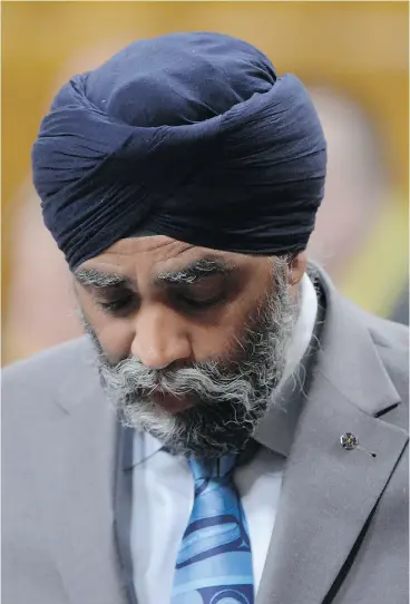  ?? ADRIAN WYLD / THE CANADIAN PRESS ?? Defence Minister Harjit Sajjan responds during question period Monday in the House of Commons to opposition attacks on his renounced claim on Operation Medusa.