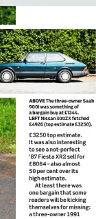  ??  ?? ABOVE The three-owner Saab 900i was something of a bargain buy at £1344. LEFT Nissan 300ZX fetched £4926 (top estimate £3250).