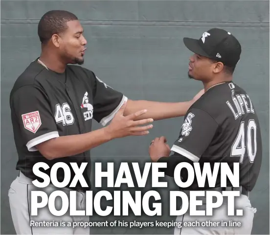  ?? MORRY GASH/AP ?? White Sox right-hander Ivan Nova (left) points something out to fellow righty Reynaldo Lopez during a spring-training workout in Arizona.