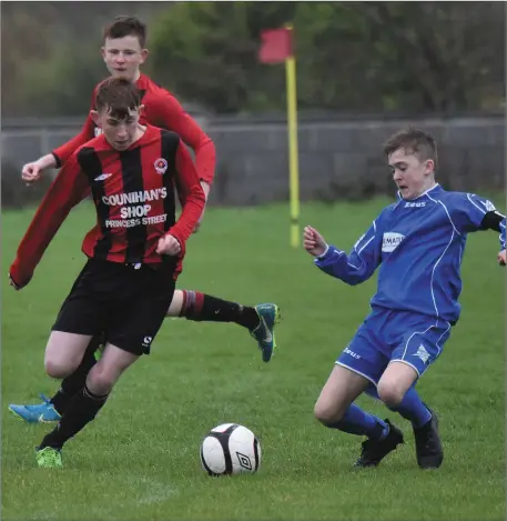  ??  ?? N Holden, St Brendan’s Park, and Adan Ryan, Nenagh, in action during their U-16 National Cup game played in Christy Leahy Park, Tralee