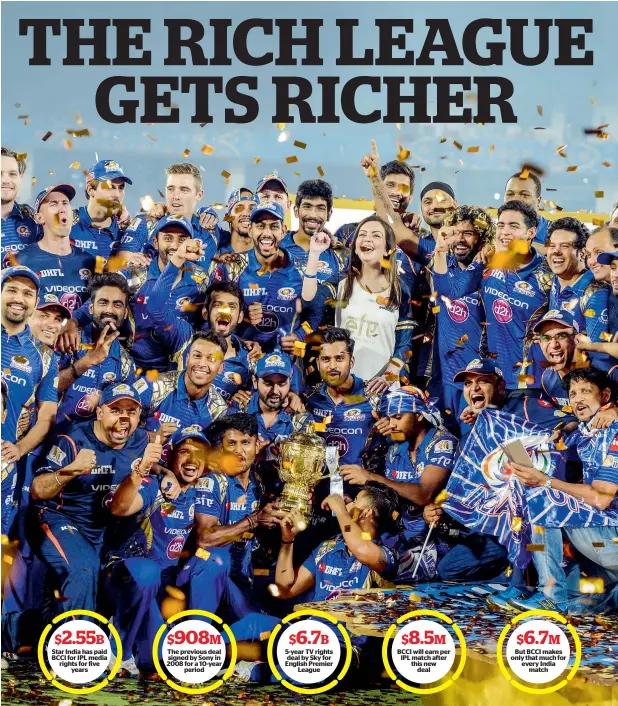  ?? — AFP file ?? Mumbai Indians players and owner Nita Ambani celebrate at the awards ceremony after their victory in the 2017 IPL final over Rising Pune Supergiant.