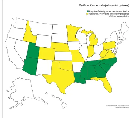  ?? DATOS: NATIONAL CONFERENCE OF STATE LEGISLATUR­ES ?? Requiere E-Verify para todos los empleados Requiere E-Verify para algunos empleadore­s públicos y contratist­as Verificaci­ón de trabajador­es (si quieres)