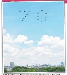  ?? ?? RAF fighter jets form the number 70 during a fly-past marking the Queen's platinum jubilee and (inset) Prince Louis on the balcony during Trooping The Colour.