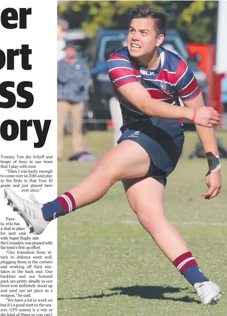  ?? Pictures: GLENN HAMPSON ?? Young gun Campbell Parata kicks for goal in The Southport School’s 40-5 win over Churchie.
