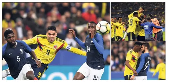  ??  ?? Umtiti et Matuidi débordés par Falcao : la Colombie a fait preuve de davantage de combativit­é que les Bleus hier et s’est logiquemen­t imposée.