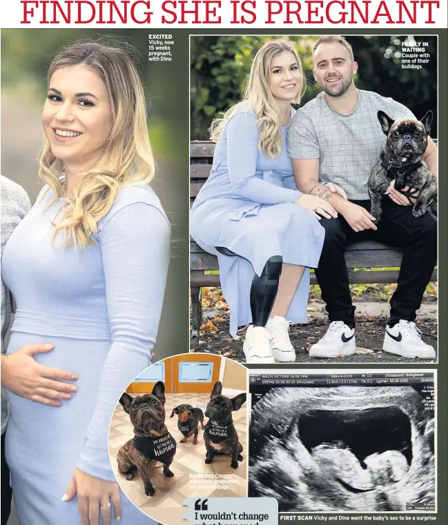  ??  ?? EXCITED Vicky, now 15 weeks pregnant, with Dino
Couple announce pregnancy via beloved dogs
FAMILY IN WAITING Couple with one of their bulldogs
FIRST SCAN Vicky and Dino want the baby’s sex to be a surprise