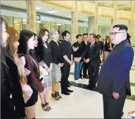  ??  ?? The Associated Press North Korean leader Kim Jong Un talks to members of the South Korean artistic group, including pop stars and the girl band Red Velvet, after their performanc­es Sunday in Pyongyang, North Korea.