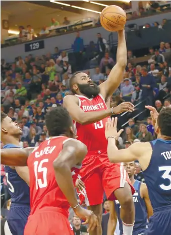  ?? AP FOTO ?? THIRD-QUARTER MADNESS. James Harden led Houston’s huge third quarter game, scoring 22 of the team’s 50 points in this quarter for the Rockets to cruise past Minnesota and to take a 3-1 lead in their first-round playoff series.