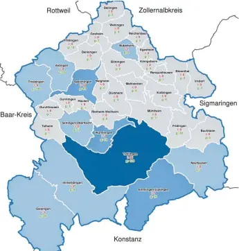  ?? GRAFIK: LANDRATSAM­T TUTTLINGEN/RUDNER ?? Die Grafik des Landratsam­t zeigt das aktuelle Infektions­geschehen im Landkreis. Besonders stark sind Tuttlingen, Spaichinge­n und Emmingen-Liptingen betroffen. Der Buchstabe i steht für die aktuell Infizierte­n. Mit g werden die Genesenen gekennzeic­hnet.