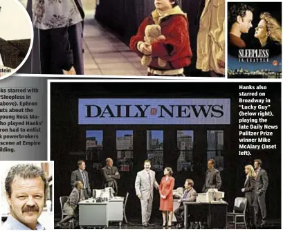  ??  ?? Hanks also starred on Broadway in “Lucky Guy” (below right), playing the late Daily News Pulitzer Prize winner Mike McAlary (inset left).