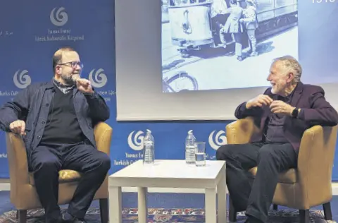  ?? ?? Film scholars Nezih Erdoğan (L) and Ian Christie talk as part of the “Cinema and Modernity in Occupied Istanbul” session, London, U.K., Feb. 24, 2024.