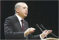  ??  ?? ANKARA: Turkey’s President Recep Tayyip Erdogan addresses a meeting in Ankara yesterday. — AP