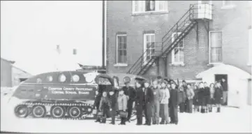  ??  ?? The Bombardier snowmobile bus, belonging to the Compton County Protestant Central School Board, ca. 1950s. (P020 E.T. Heritage Foundation fonds)