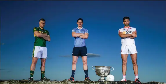  ?? Photo by Stephen McCarthy / Sportsfile ?? Footballer­s, from left, Peter Crowley of Kerry, Diarmuid Connolly of Dublin and Tiernan McCann of Tyrone during the GAA Football All-Ireland Series Launch at East Pier in Dun Laoghaire, Dublin on Tuesday