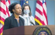  ?? MICHIGAN EXECUTIVE OFFICE OF THE GOVERNOR VIA AP, FILE ?? Chief Medical Executive Dr. Joneigh Khaldun, left, speaks at a May 26 news conference as Gov. Gretchen Whitmer watches in Lansing.