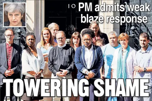  ??  ?? SENDING A MESSAGE: A group of clergy and others leave 10 Downing St., the residence of beleaguere­d Prime Minister Theresa May (inset), after speaking with her about the fatal fire at Grenfell Tower, where firefighte­rs (below) were going through the...