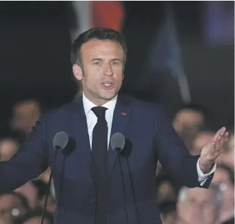  ?? ?? Emmanuel Macron a voulu se montrer humble, durant son discours de victoire, en rappelant qu’il sera le président de tous les Français. - Associated Press: Christophe Ena