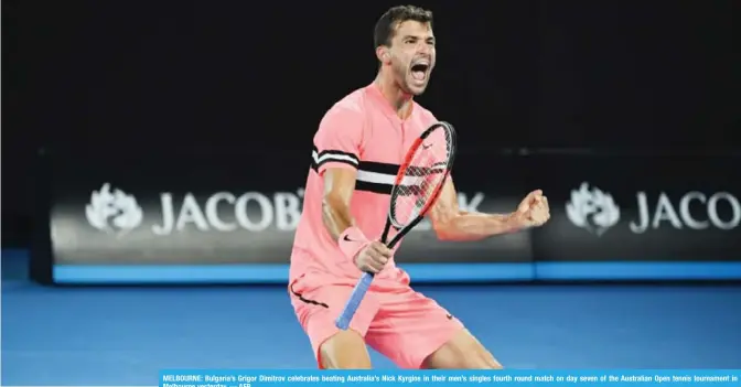  ??  ?? MELBOURNE: Bulgaria’s Grigor Dimitrov celebrates beating Australia’s Nick Kyrgios in their men’s singles fourth round match on day seven of the Australian Open tennis tournament in Melbourne yesterday. — AFP