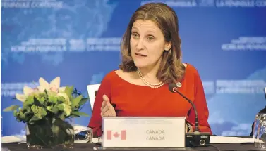  ?? DON MACKINNON / AFP / GETTY IMAGES ?? Minister of Foreign Affairs Chrystia Freeland speaks at Tuesday’s summit in Vancouver, which was convened to address North Korea’s nuclear ambitions.