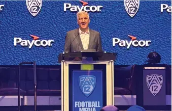  ?? Tribune News Service ?? Pac-12 Commission­er George Kliavkoff addresses the media during the conference’s 2023 football media day.