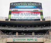  ?? [AP PHOTO] ?? Inclement weather in Dallas caused the cancellati­on of the First Responder Bowl on Wednesday.