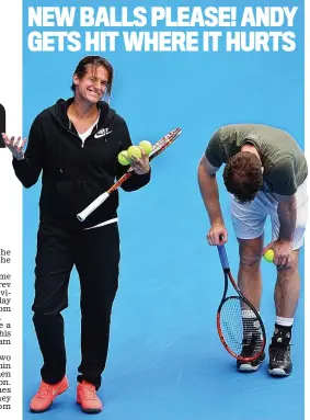  ?? GETTY IMAGES ?? No laughing matter: Amelie Mauresmo sees the funny side after Murray is hit in the groin by a Rafa Nadal serve in practice