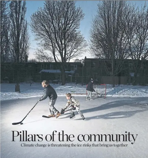  ?? STEVE RUSSELL TORONTO STAR ?? Hockey lovers hit the ice at Leslie Grove Park. The outdoor rink is tended to by a brigade of community members who shovel, flood and scrape the ice to get it game ready.