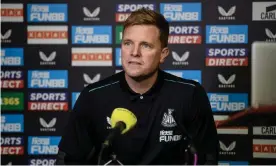  ?? Photograph: Serena Taylor/Newcastle United/Getty Images ?? Eddie Howe speaking to the media, via Zoom, on Friday morning. He tested positive for Covid-19 later in the day.