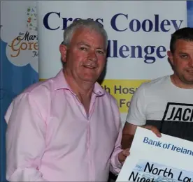  ??  ?? Errol Boyle, Brian Watters and Seamus Gormley present a chque to north louth hospice representi­ves Mary Mulholland and Geraldine Crotty